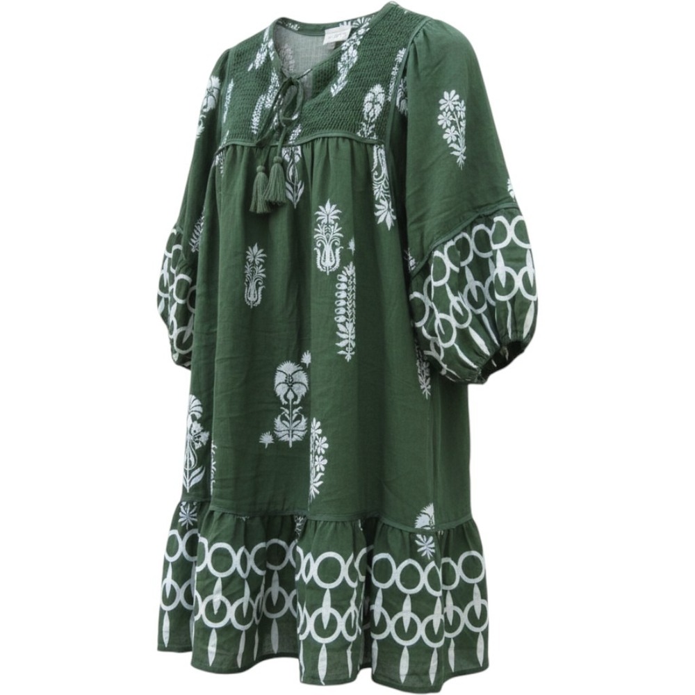 Umgee Green Floral Smocked Tassel Boho Babydoll Dress 1XL WK0576
